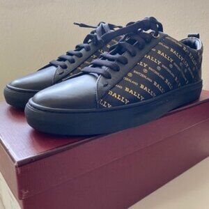 Bally Helmer Metallic Gold Logo All Over Print Leather Low Top Sneaker Shoes